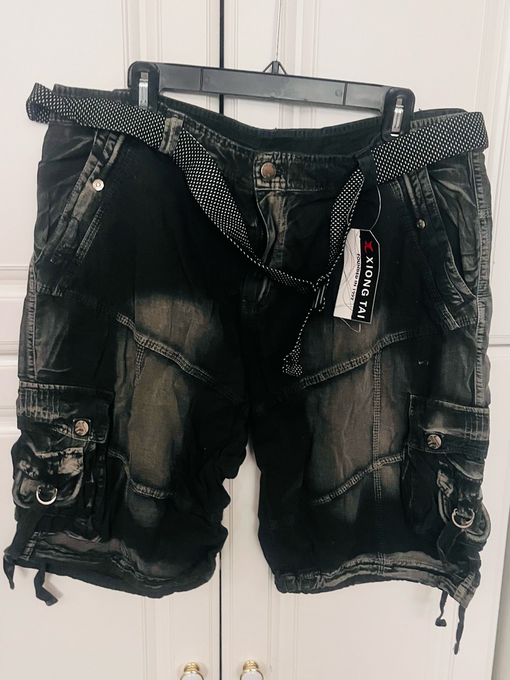 Bespoke Washed Black Cargo Shorts with Dotted Belt